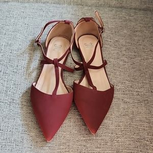 JC Maroon Red Strappy Pointed Toe Flats